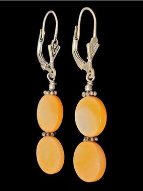 Chic Artisan 925 Sterling Orange Peach‎ Mother-of-Pearl Bead Dangle Earrings